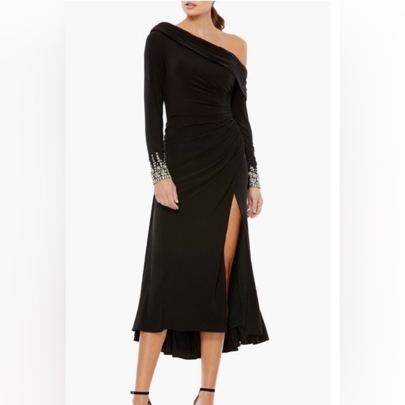 Mac Duggal one shoulder black midi dress with stones on cuffs.Size 8. NWT. - Picture 1 of 6